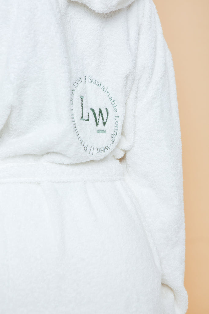 Unisex white organic hooded robe with embroidery
